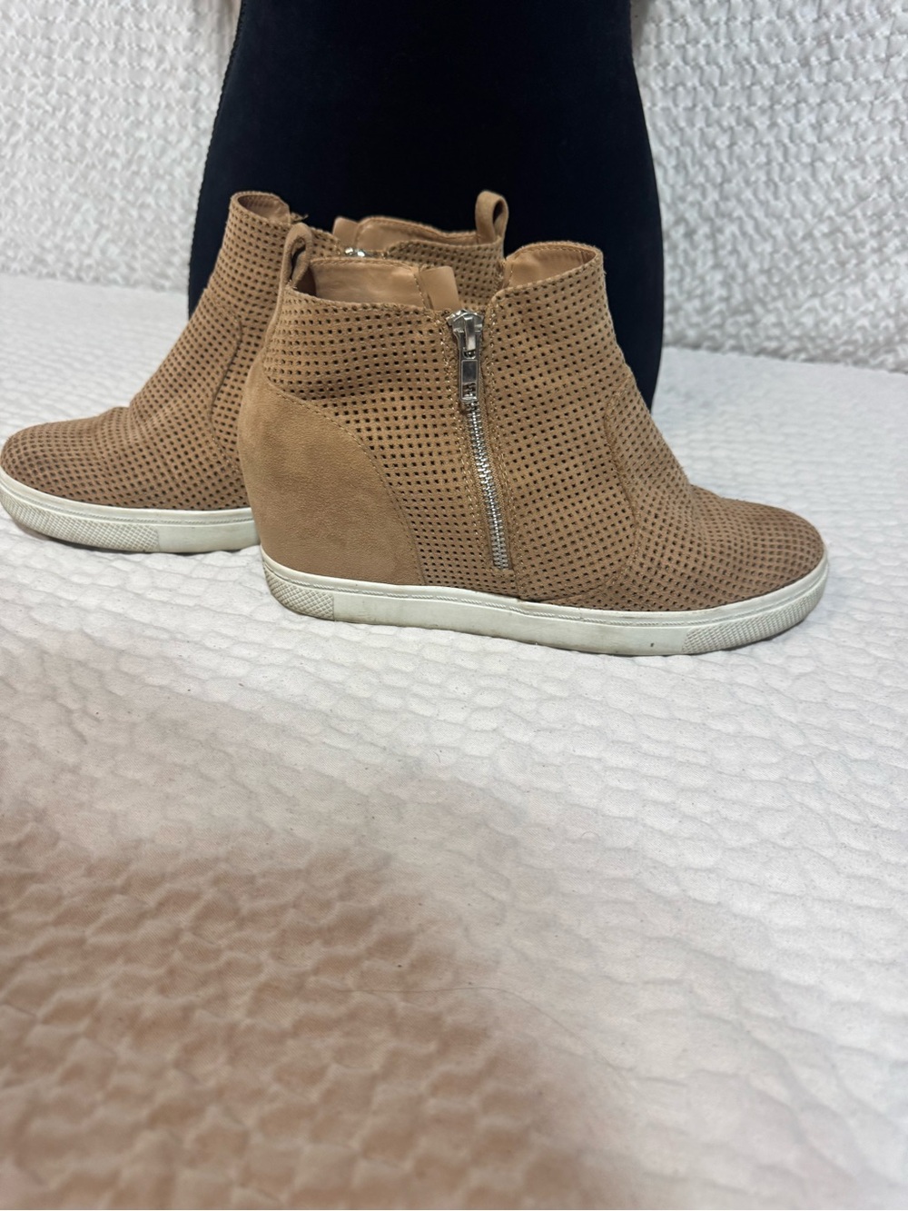 Brash Perforated Tan Wedge Bootie with Side Zip